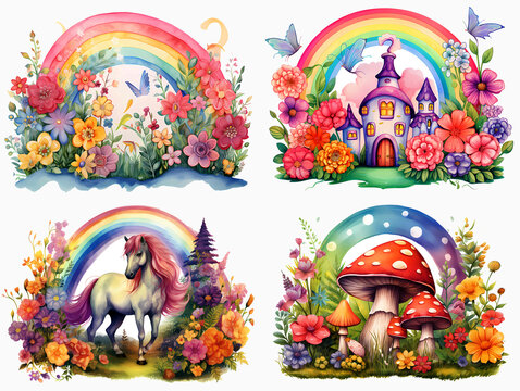 Rainbows clipart set.  Colorful rainbows, unicorn, castle and mushroom clipart for crafts, invitations, cards and art projects. 