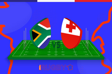 Rugby team South Africa vs Tonga on rugby field. Rugby stadium on abstract background for international championship.