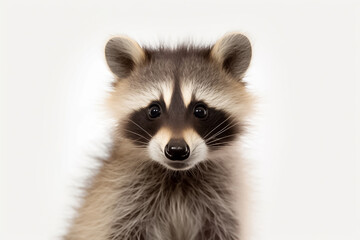 With an air of pure innocence, a baby raccoon stands out on a pristine white backdrop, guided by the enchanting glow of studio lighting. Generative AI. - obrazy, fototapety, plakaty