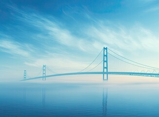 Bridge over the river at dawn. Reflection in water. Created with Generative AI technology.