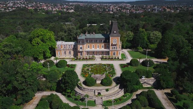Aerial view of the historic Euxinograd palace in Varna, Bulgaria. Admire the grand architecture and lush gardens of this magnificent estate, situated along the beautiful Black Sea coast. Drone flight