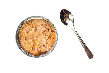 Top view of opened tin canned tuna fish in mineral water with metal spoon isolated on white background with clipping path.