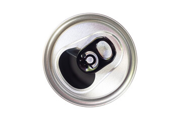 Top view of opened tin canned beverage with black pull ring isolated on white background with clipping path.