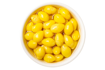 Top view of ginkgo seeds in syrup in white ceramic bowl isolated on white background with clipping path.