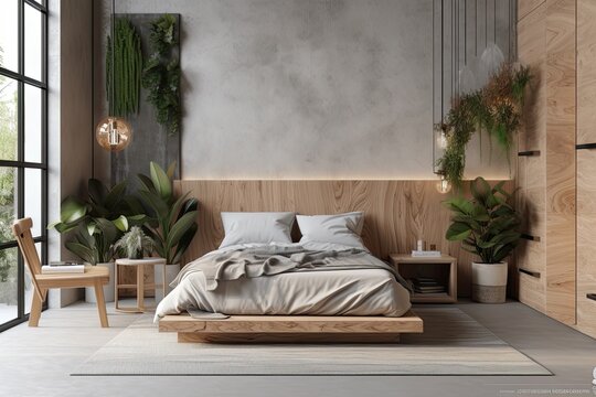 Interior of a contemporary bedroom with beautiful wall, plants, and other items. Generative AI