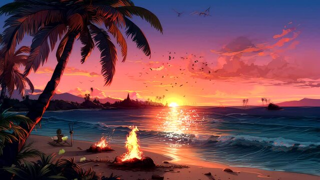 Anime background video of beautiful view sunset beach with bonfire, palm tree, sailboat, cartoon style fantasy,  footage looping scenery 4k quality
