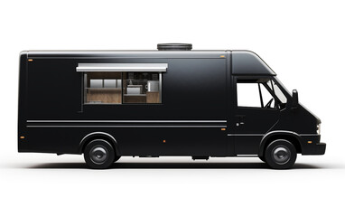 A lifelike food truck in black, presented in isolation against a white background through 3D rendering.
