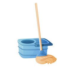 Blue spin mop with bucket on white background. © Alina