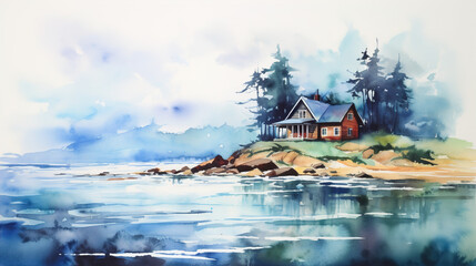 Fototapeta premium watercolor_simple_alone_house_near_the_sea