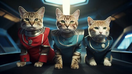 Obraz premium AI-generated illustration of Three cats dressed in astronaut costumes pose in a group