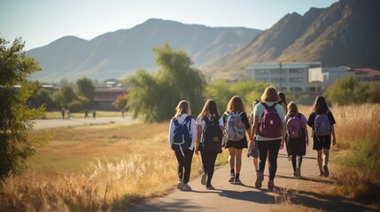 AI generated illustration of a group of schoolchildren walking on the paved pathway with backpacks