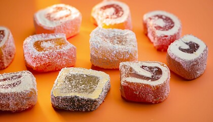 AI generated illustration of several turkish delights arranged on an orange background
