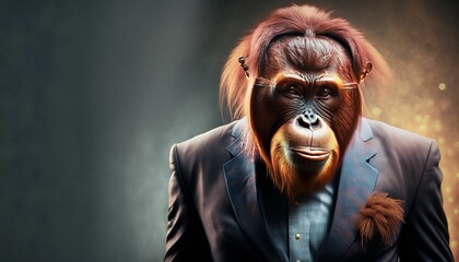 AI generated illustration of a portrait of a mature orangutan wearing a formal suit