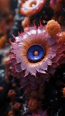 AI generated illustration of a close-up of a menacing-looking flower with a blue eye in the center