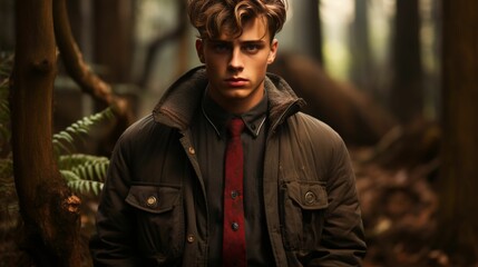 Obraz premium Man standing in a forest setting wearing a brown jacket and bright red tie. AI-generated.