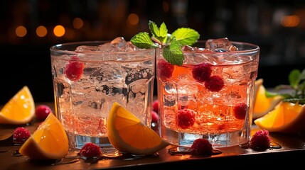 AI-generated illustration of two glasses of carbonated drinks with fresh raspberries and mint leaves