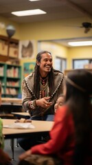 AI generated illustration of a native American in traditional attire teaching a group of children