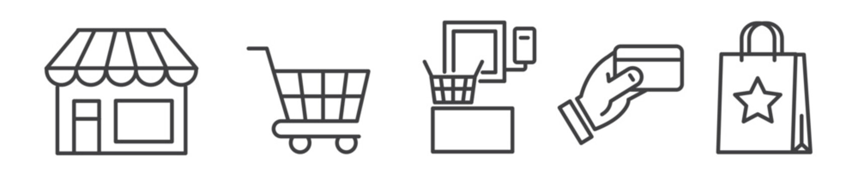 Shopping icons set - retail, grocery and and cashless payment at the self-service checkout vector illustration thin line icon collection