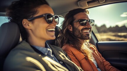Contented young couple driving in a car. Ai generated
