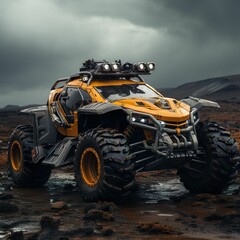 Fototapeta na wymiar Futuristic 4x4 car driving down a rocky terrain, AI-generated.