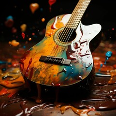 AI generated illustration of an acoustic guitar with a glossy finish lies on the ground