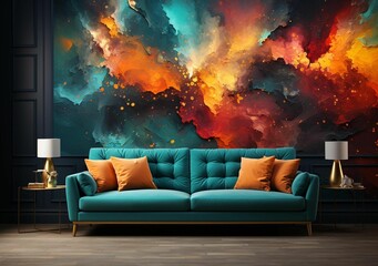 AI generated illustration of a couch and the orion nebula in the style of teal and amber art on wall