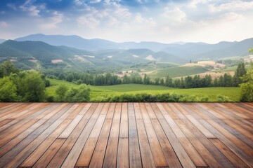 Breathtaking Natural Beauty: Wood Flooring and Vineyard Panorama with Serene Mountain Backdrop
