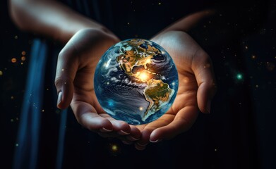 Earth at night was holding in human hands. Earth day. Energy saving concept, Created with Generative AI technology.