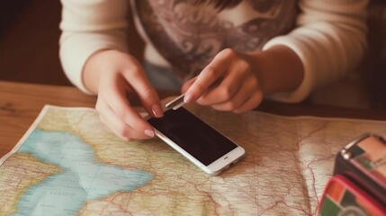 AI generated illustration of a female traveler planning her next adventure using her smartphone