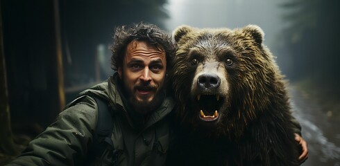 AI generated illustration of a man hugging a roaring grizzly bear in a forest