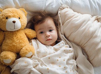 Happy boy or girl with wool cap lying with Teddy bear under the blanket on bed. Created with Generative AI technology.