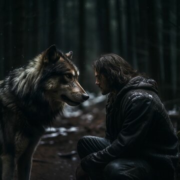 AI generated illustration of a man and a wolf looking at each other in a forest