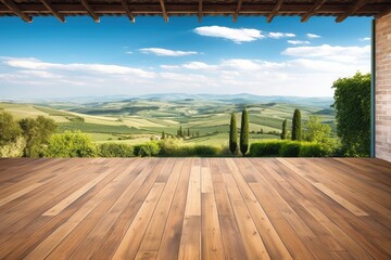 Fototapeta premium Scenic Countryside Beauty: Green Vineyard and Mountain Panorama with Wood Flooring