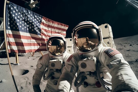 Two astronauts on the Moon taking a selfie with the flag of the USA. AI-generated.