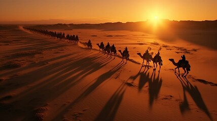 Fototapeta na wymiar Aerial View of a Caravan of Camels Crossing the Sahara Desert at Sunset