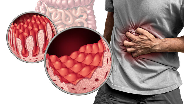 Celiac Disease or coeliac disease as an intestine anatomy medical concept with normal villi and painful damaged small bowel lining as an autoimmune disorder 