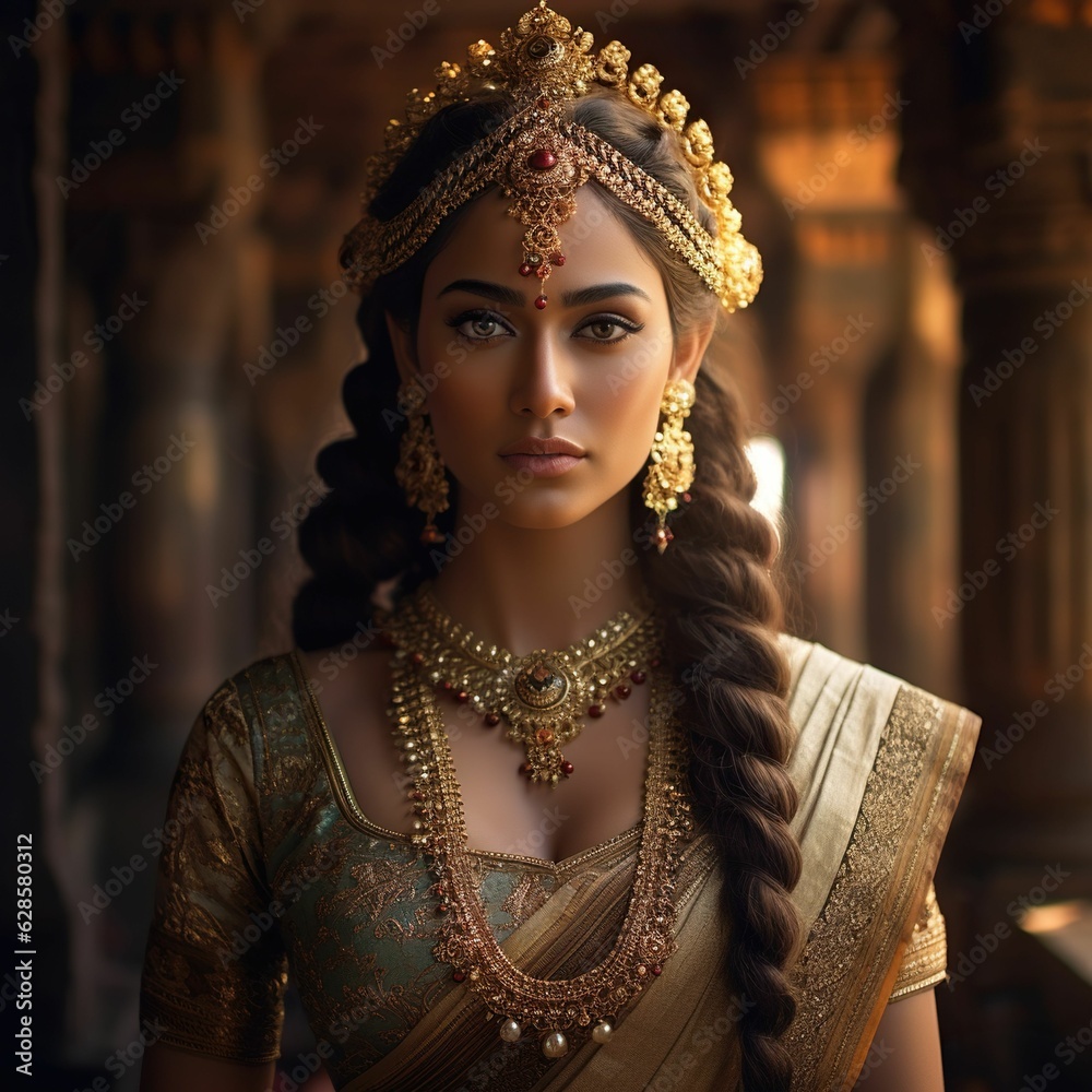 Wall mural Beautiful Indian princess wearing a traditional dress and ornate gold jewelry. Ai generated