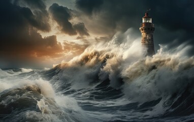 Fototapeta premium Waves crashing over a lighthouse. Created with Generative AI technology.