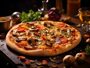 AI generated illustration of a delicious pizza with vegetables