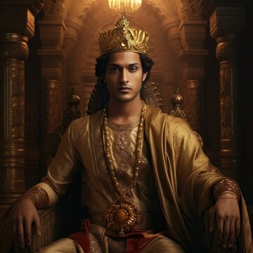 Ancient Indian king with an impressive mustache and a traditional gold turban. Ai generated