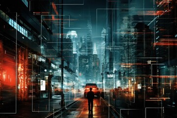 Silhouette of a man standing in the middle of a city street at night. AI-generated.