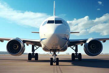 Naklejka premium A commercial airplane is seen from the front view while parked on the runway of an airport