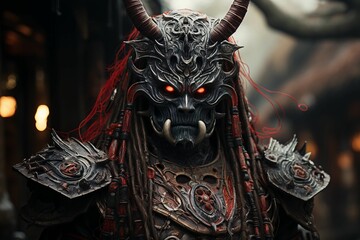 Dark fantasy character with a menacing, horned mask and demonic armor. AI-generated.