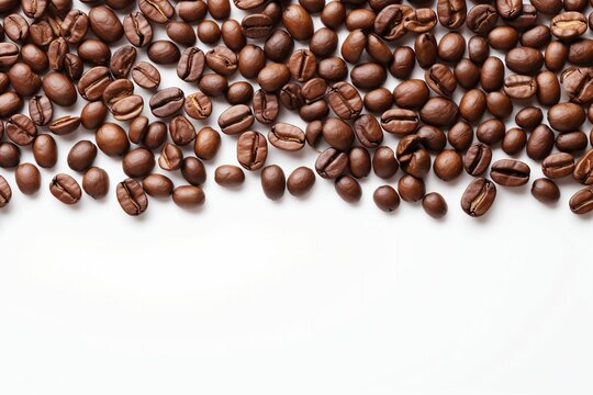 A close up of freshly roasted coffee beans on a white background with ample copy space