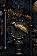 Golden bird ornament on a decorative dark blue background. Vintage emblem. AI-generated.