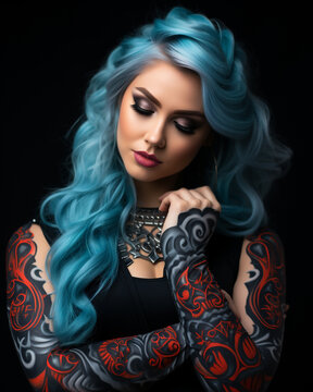 Generative ai blue hair pin up woman with arms covered by tattoo