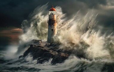 Fototapeta na wymiar Waves crashing over a lighthouse. Created with Generative AI technology.