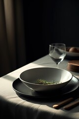 Elegant dining table set with plates, glasses and utensils, AI-generated.