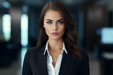 Obraz premium Young female professional in a black suit and crisp white shirt. AI-generated.