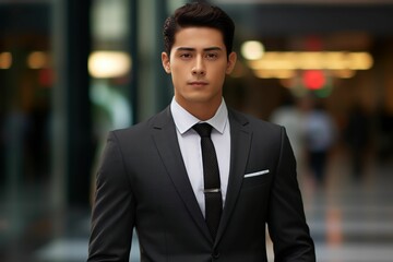 Portrait of a young handsome Asian man wearing a black business suit. AI-generated.